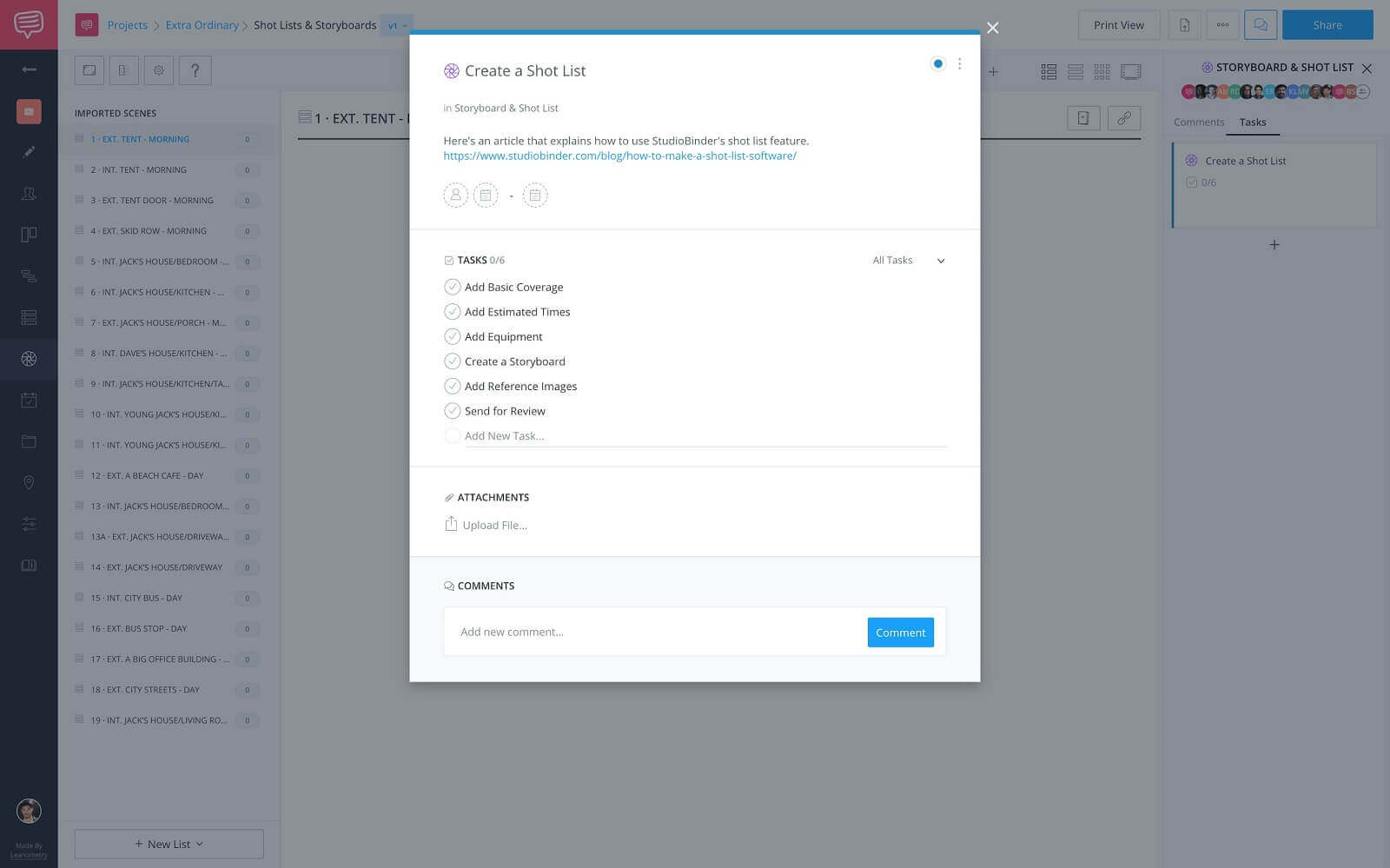 How To Set Up a Project for Success in StudioBinder - Create a Shot List Task Card - Description and Tasks