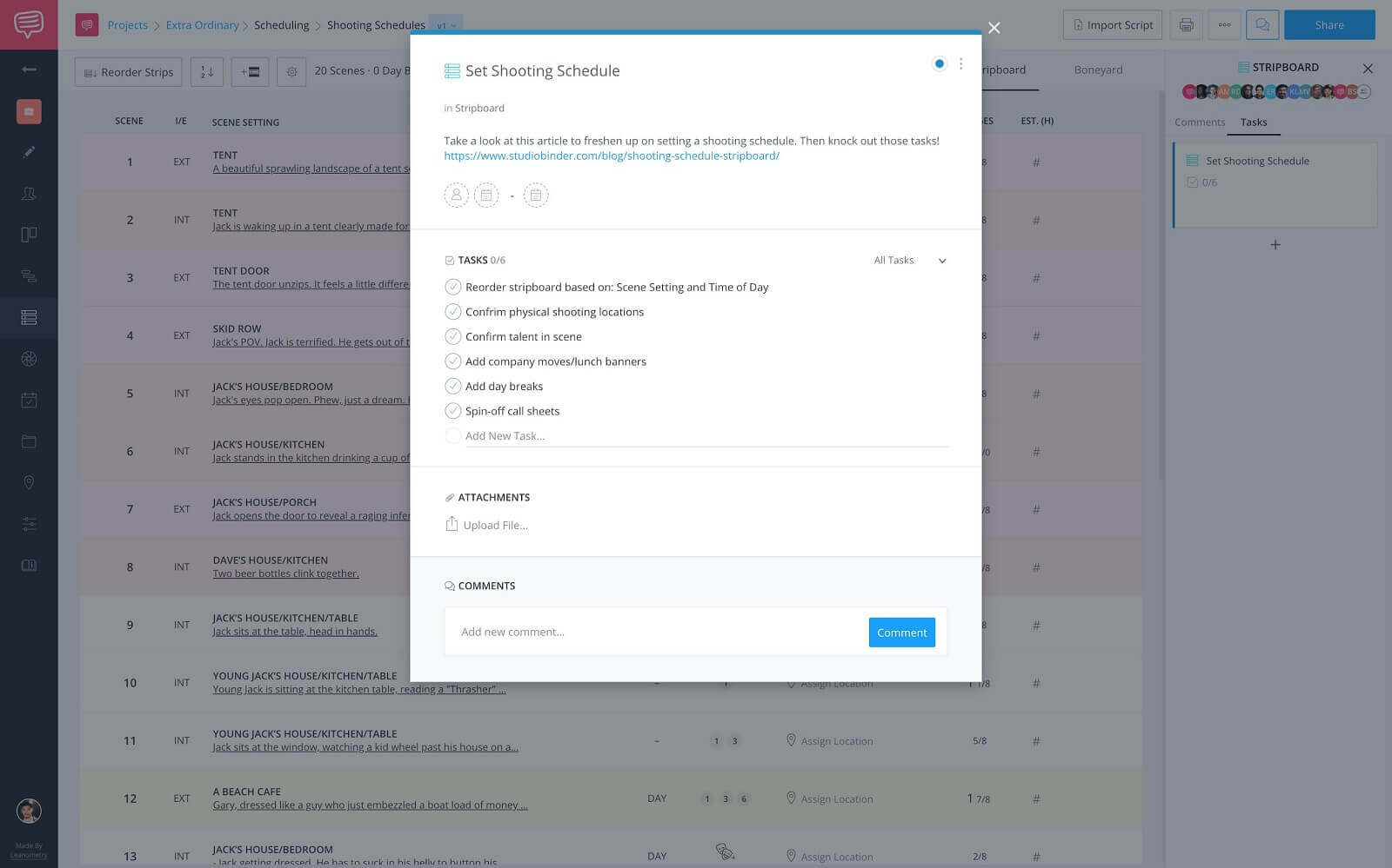 How To Set Up a Project for Success in StudioBinder - Set Shooting Schedule Task Card - Description and Tasks