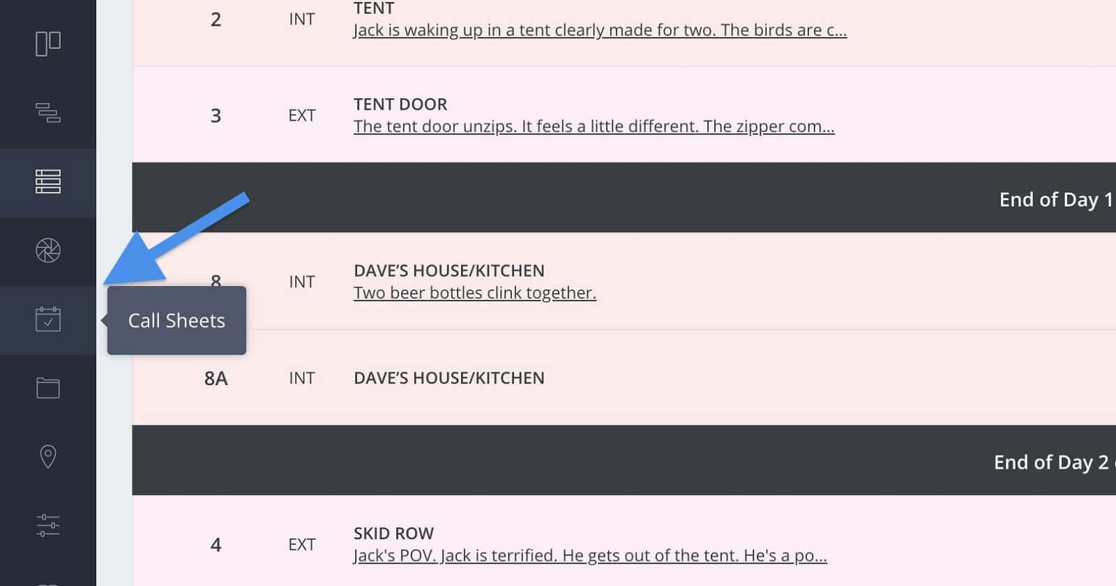 Navigation Sidebar - Call Sheet Button