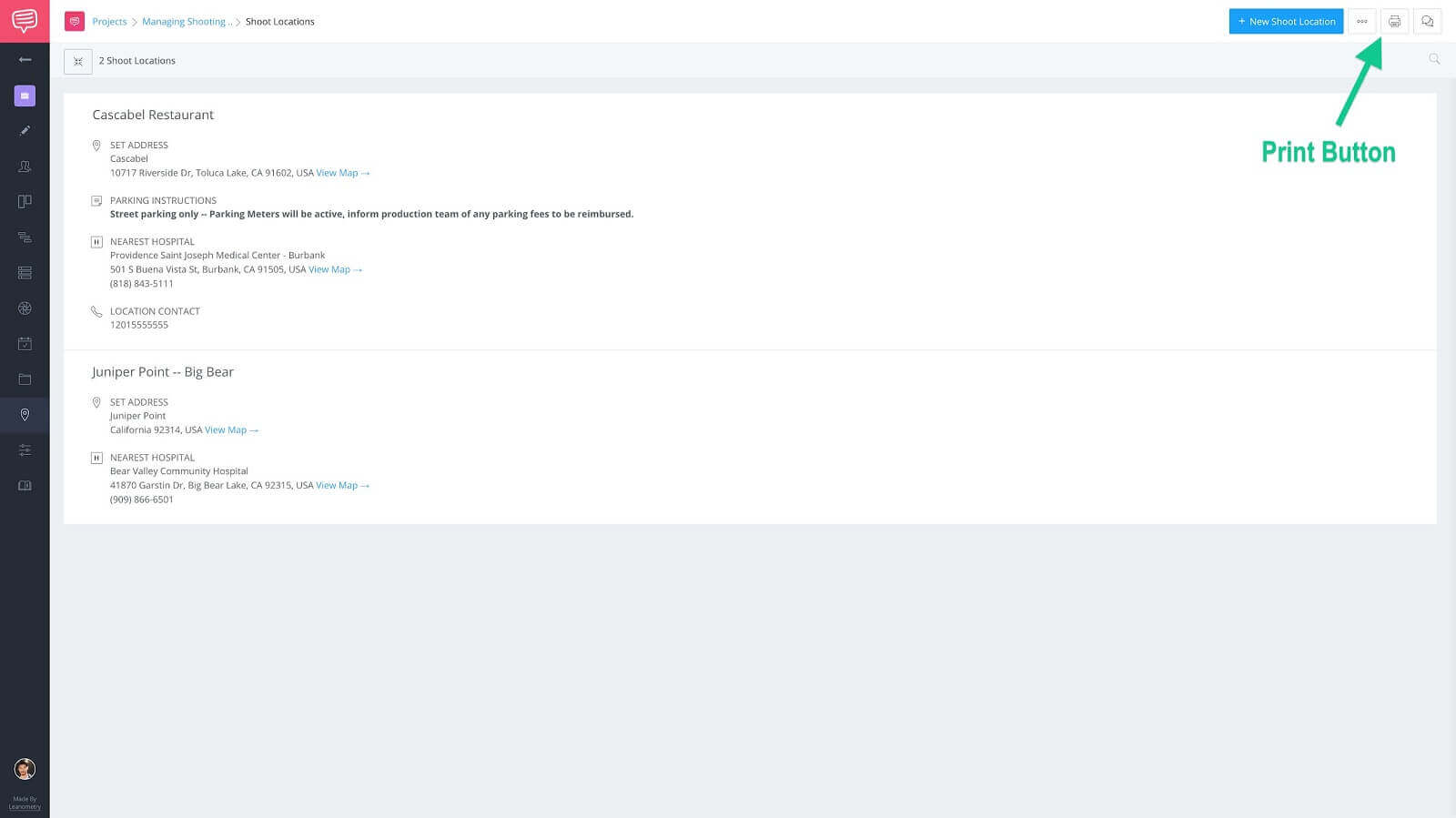 Shoot Locations Page - Click Print Button