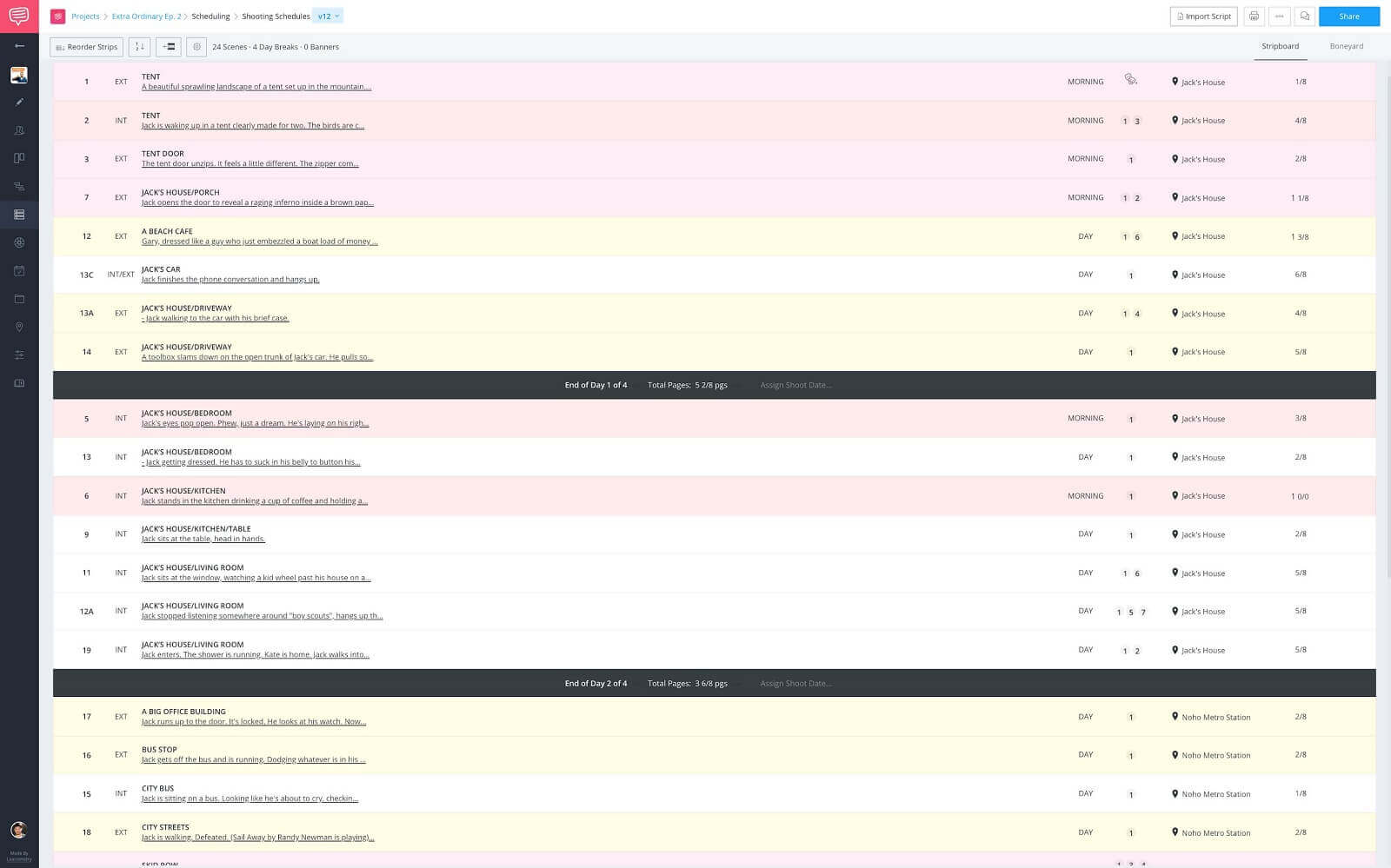 Shooting Schedule Page - Populated Stripboard