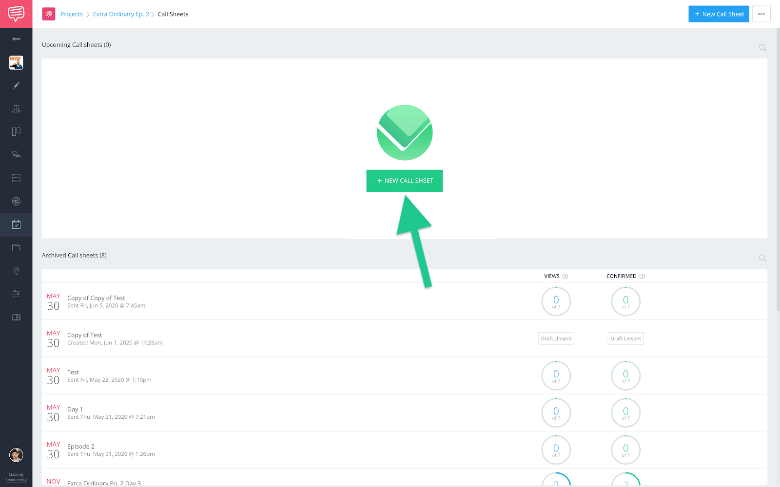 Call sheets page - Click +New Call Sheet