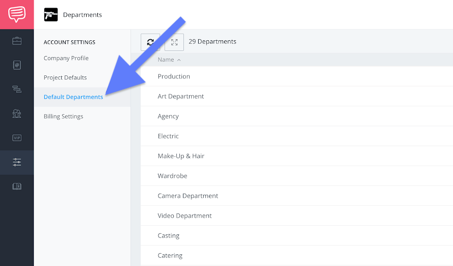 Company settings sidebar - Default departments