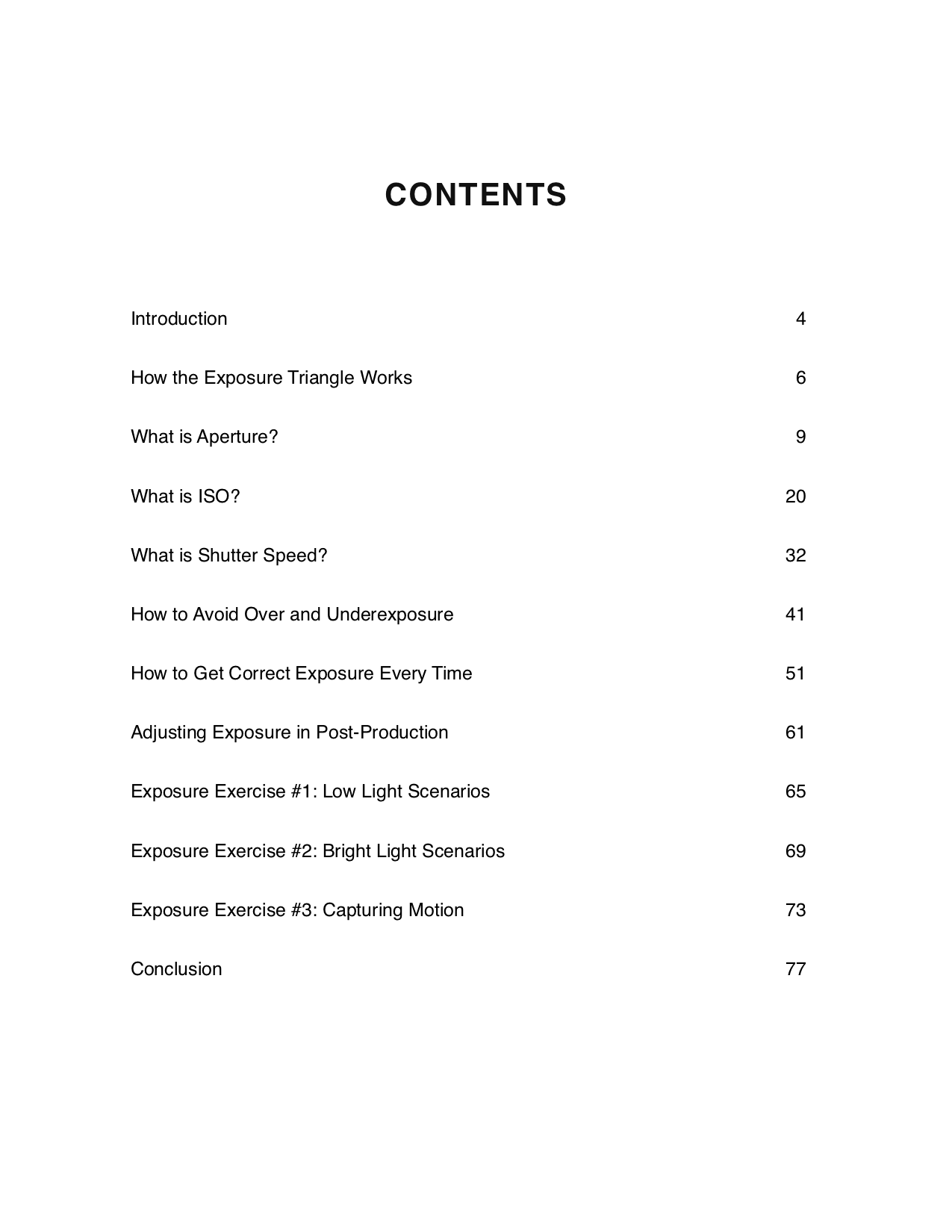 Exposure Triangle Ebook - The Ultimate Guide - TOC
