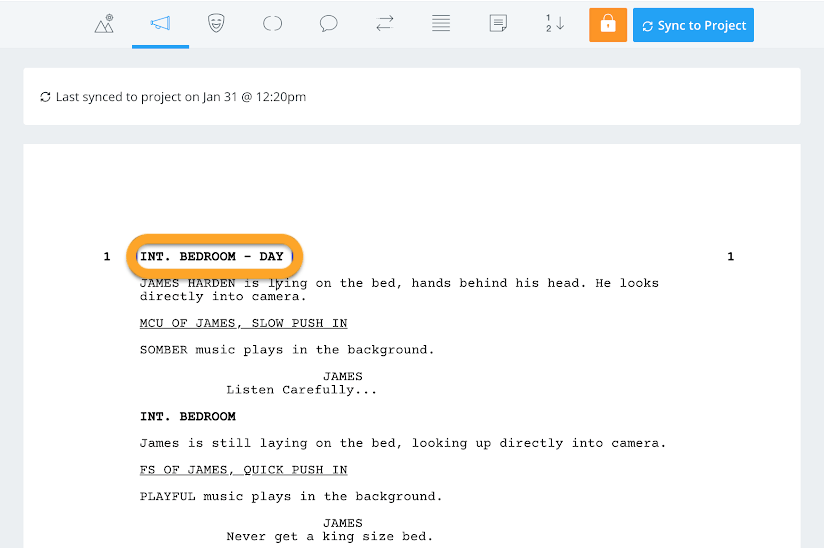 Screenplay document - Scene heading