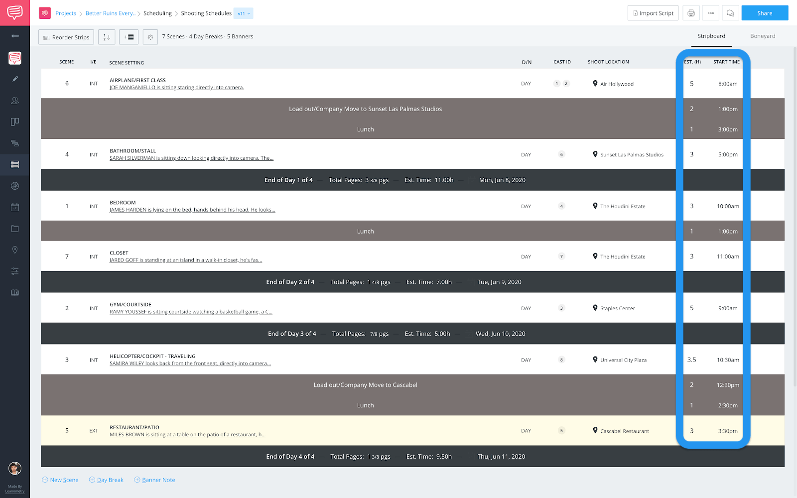 Shooting schedule page - Est. time and start time