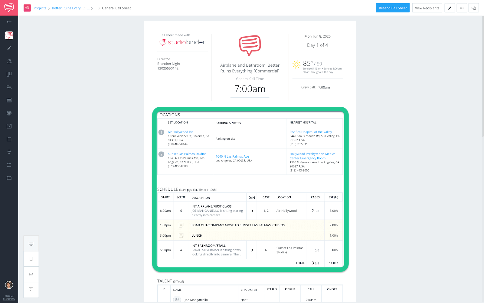 Spun-off call sheet - Imported shooting schedule details